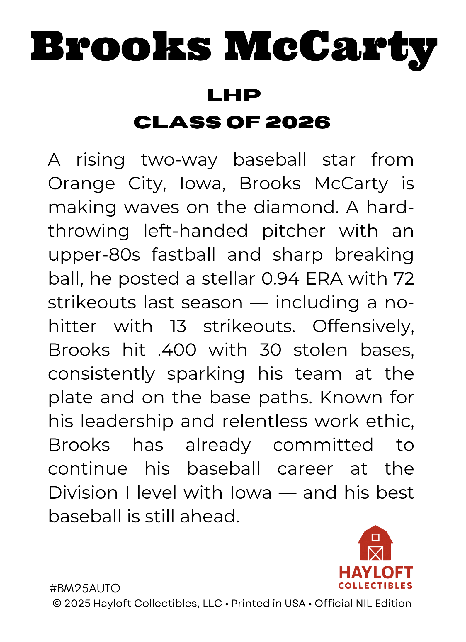 Brooks McCarty – Autographed NIL Trading Card
