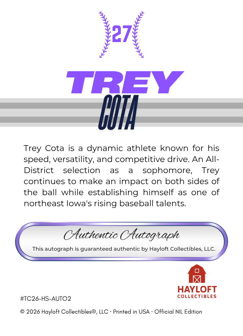 Trey Cota ~ Autographed NIL Trading Card