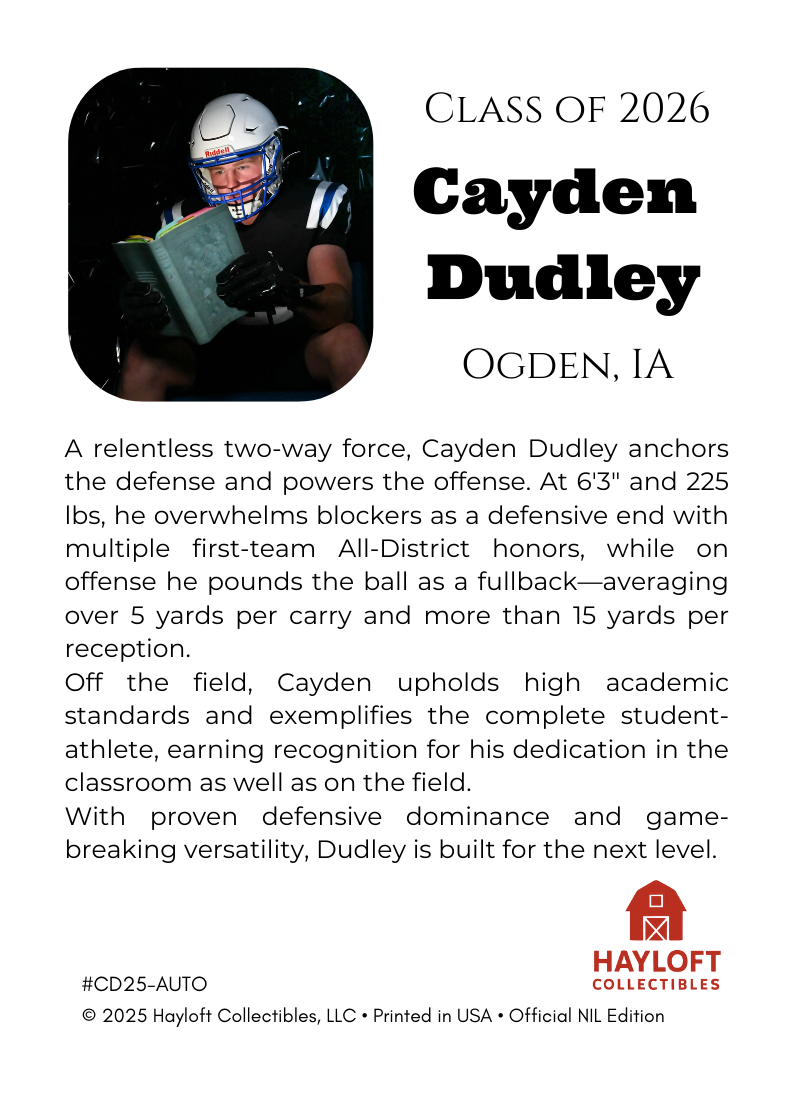 Cayden Dudley ~ Autographed NIL Trading Card