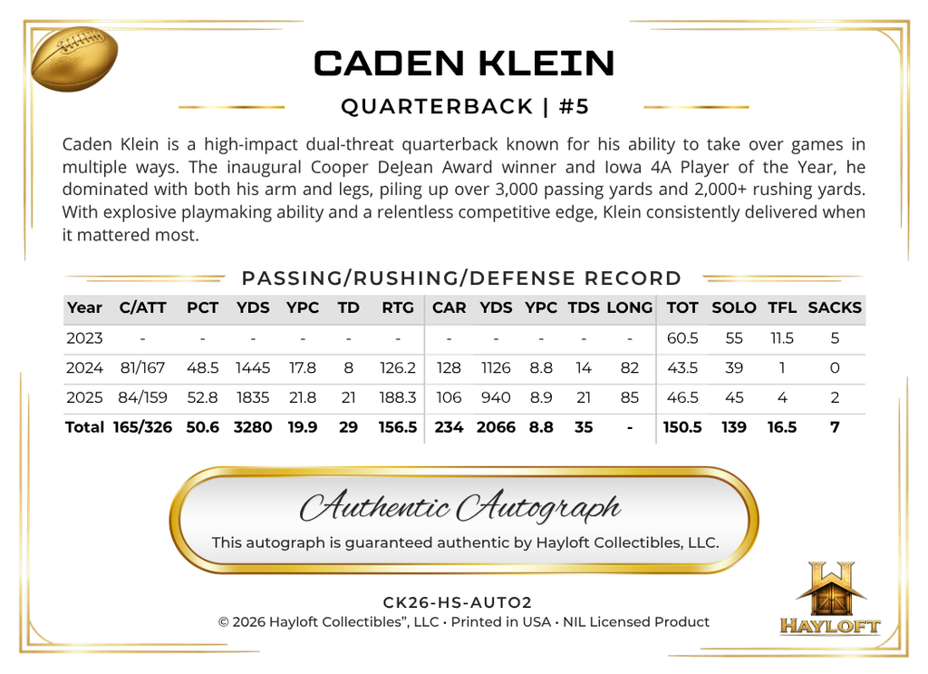 Caden Klein ~ Autographed NIL Trading Card