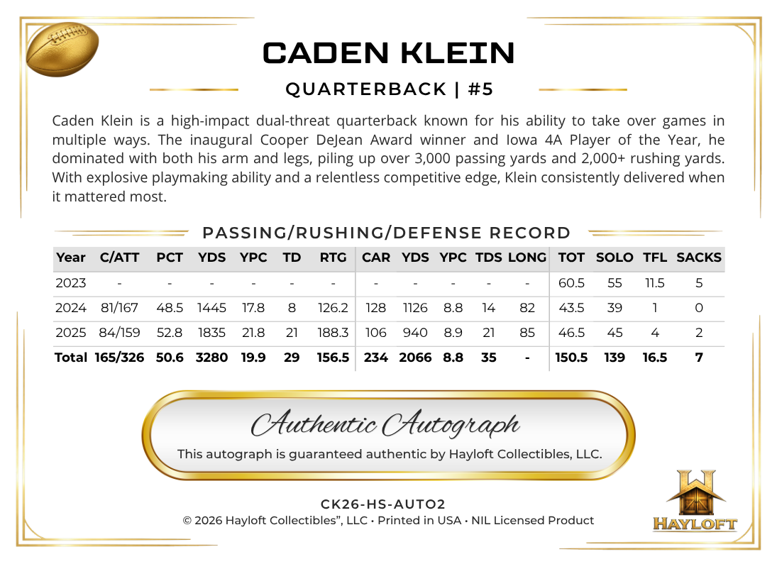 Caden Klein ~ Autographed NIL Trading Card